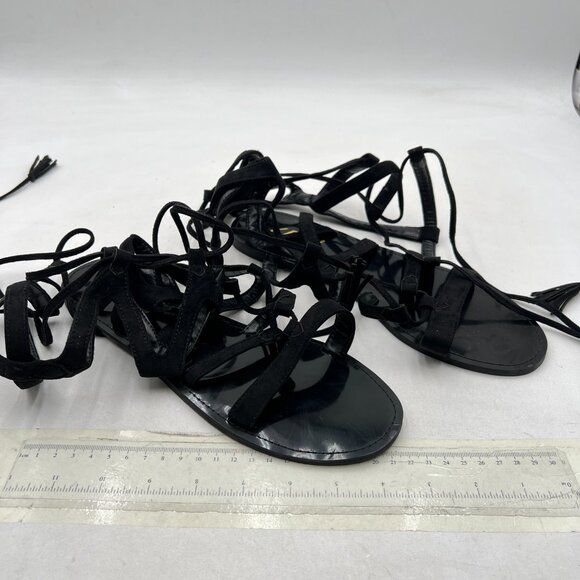 YDN Black Sexy Knee High Lace up Flats Fringe Low Heel Gladiator Strap Sandals - Picture 4 of 8